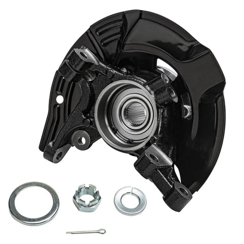 2 Front Steering Knuckles And Wheel Hub Bearing Assembly Kit For Hyundai Sonata 2011 2.0L Sport Suspension Replacement Direct Fit Includes Both Front Knuckles And Bearings Durable Steel Construction Perfect OEM Style Upgrade, showing a close-up of steel components including knuckle and bearings.
