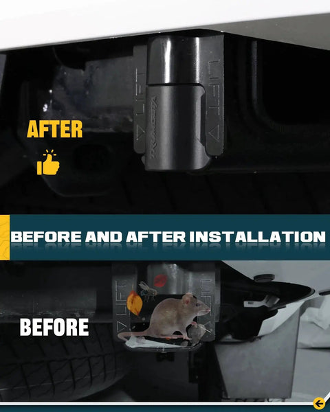 Before and after installation of All Black Rear Bumper Crossmember End Caps Toyota Tacoma 4th Gen 2024 2025 2026 showing protection