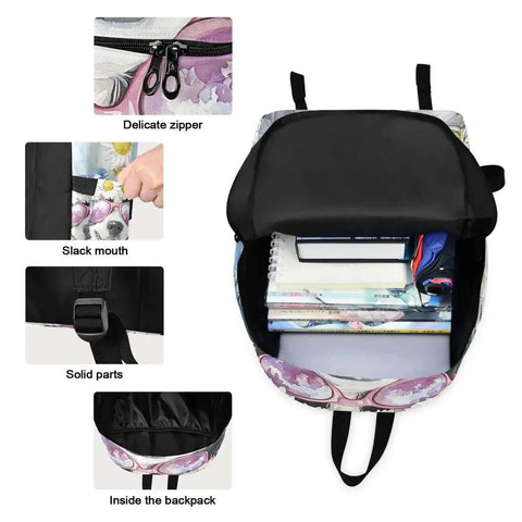Open Daisy Dog Backpack With Insulated Cooler Lunch Box, Lightweight Laptop Daypack Fits 15.6 Inch, scratch-resistant nylon, books inside