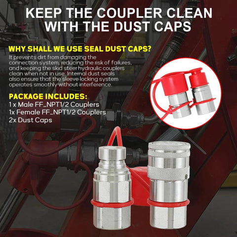 Elifencenter 1/2 in NPT flat-face hydraulic quick-connect couplers, silver metal with red dust caps (set of two)