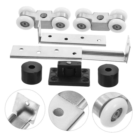 Heavy Duty Sliding Cabinet Door Track With Sturdy Steel And Nylon Wheels Quiet Glide For Cabinets Smooth Low Noise Operation High Load Bearing Durable Sliding Door Roller System For Pocket Doors And Heavy Doors, includes wheels and track components.
