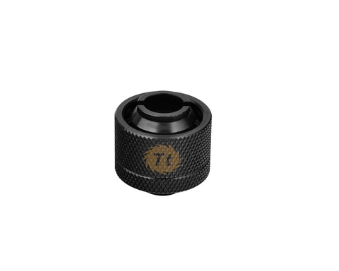 Thermaltake Pacific LCS compression fitting, 1/2 in ID x 3/4 in OD, black knurled metal, front view