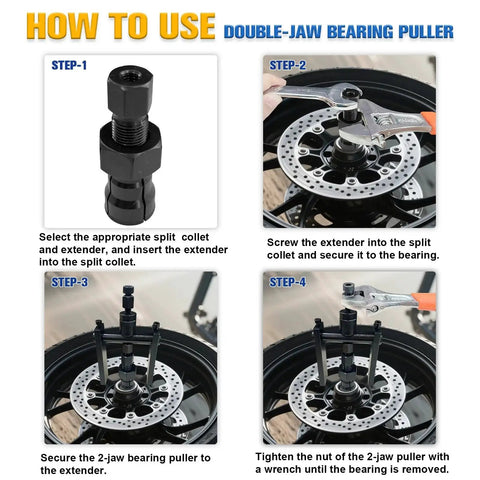 Image showing step-by-step usage of a 12-Piece Blind Hole Bearing Puller Kit With Extendable Collets From 8mm To 32mm on a wheel.