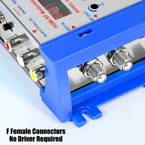 RF Modulator For TV Transforms HDMI Or CVBS RCA Into RF Coaxial with F female connectors, VHF UHF output, PAL NTSC support.