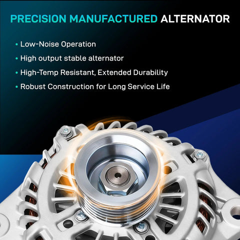 Beefed Up 150A Direct Fit Alternator Replacement For Nissan Murano 2015-2017 V6 close-up with text on features