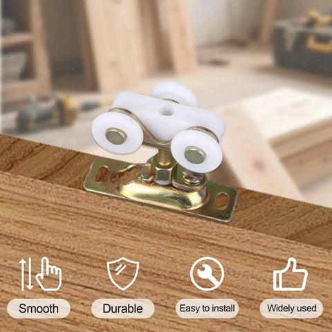 2Pcs 3/4 Inch Sliding Door Wheels Replacement Kit With Top Hanger For Wardrobe Bypass And Closet Accessories Gold Finish on wood surface