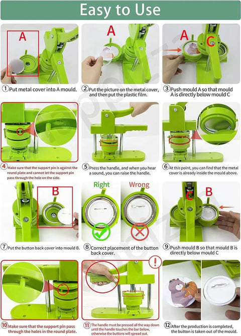 Happizza 75mm green button maker machine with illustrated step-by-step usage panels