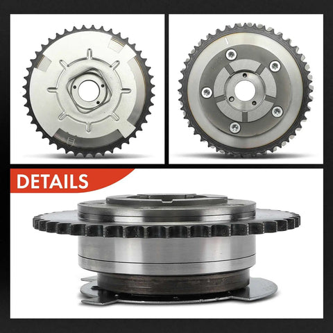 VVT camshaft adjuster sprocket, metal timing gear; front and rear views for automotive part.