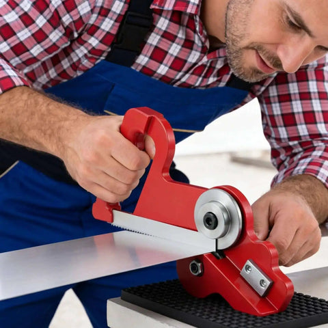 Man using Pro-Grade Dual-Wheel Slitter Tool For Metal, Vinyl And Cardboard, cutting thin steel sheet, hand pull cutter with burr-free edge