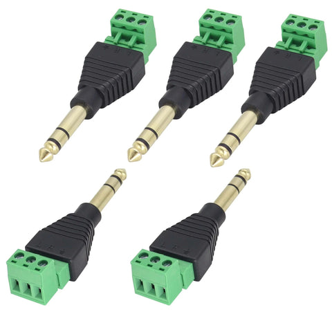 Five 1/4 Inch TRS Audio Screw Terminal Block Adapters, 6.35mm Male to 3 Pin Female Bolt Screw Terminals, Solderless DIY Audio Connectors