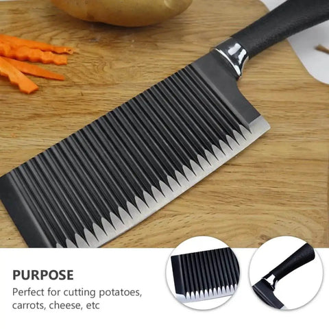 Stainless Steel Crinkle Potato Cutter And Wavy Vegetable Slicer Kitchen Chopper For French Fries And Scalloped Potatoes Easy To Use No Fuss Durable And Compact Kitchen Tool For Home Chefs on a wooden surface.