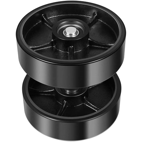 All In One Replacement Kit For Pallet Jack Wheels With Axles And Load Rollers Including Steering Wheels 7 Inch By 2 Inch And Front Load Roller 2.76 By 3.74 Black Poly Tread, showing black wheels with steel core.