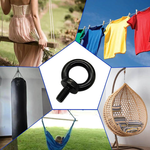 Tough As Nails M8 Lifting Eye Bolts Black Oxide 304 Stainless Steel in center, surrounded by swings, hammock, punching bag, clothesline, chair.