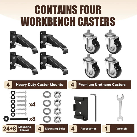 Heavy Duty Workbench Casters Kit 600 Lb Capacity Set Of 4 With Two Mounting Options, includes caster mounts, screws, bolts, tools
