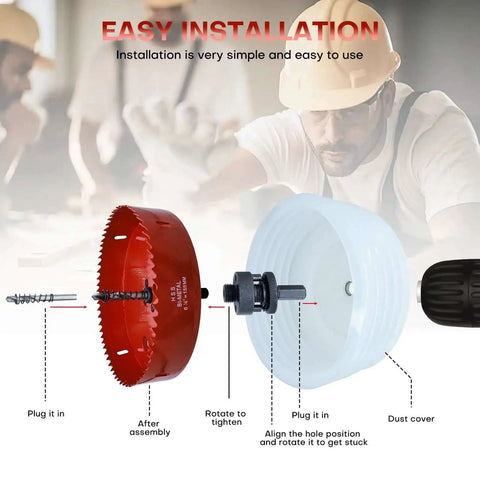 Pro Grade Four Inch Hole Saw Kit for Recessed Lighting with Dust Bowl Catcher Bi Metal Cutter assembly diagram