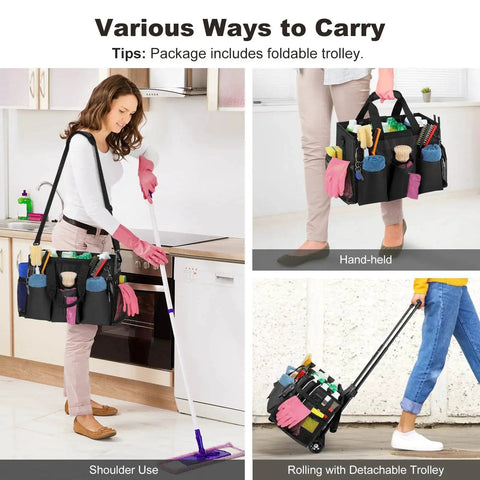 Collage showing housekeeper using Rolling Cleaning Caddy Bag With Detachable Trolley for housekeepers, portable large organizer.