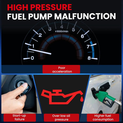 Image showing high pressure fuel pump malfunction warning with tachometer, key ignition, oil pressure sign, and fuel nozzle.