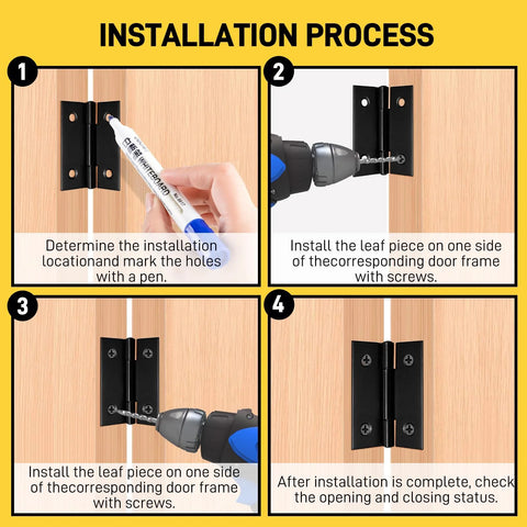 Six 2-inch black-coated stainless steel butt hinges with 24 screws for wood cabinets and jewelry boxes