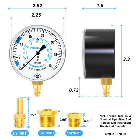 MEANLIN gas pressure test gauge kit 0–35 in WC for natural or LP gas with 40-inch hose and 1/8 in NPT fitting