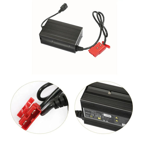 Heavy Duty Floor Scrubber Charger with Pallet Jack 24V 10A SB120 red connector, short circuit protection, industrial use.