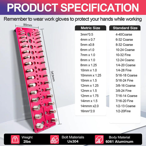 51 In 1 Bolt Size Finder And Thread Gauge With 32 Metric And 32 SAE Threads Plus 19 Drill Bit Check Openings CNC Machined Aluminum Screw Size Chart Go No Go ANSI Standard Non Slip Base specifications panel showing metric and standard bolt sizes.