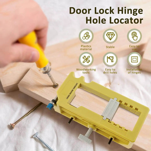 Pro Grade Door Hinge Mortise Jig Kit With Self Centering Drill Bits shown with screw on wood block