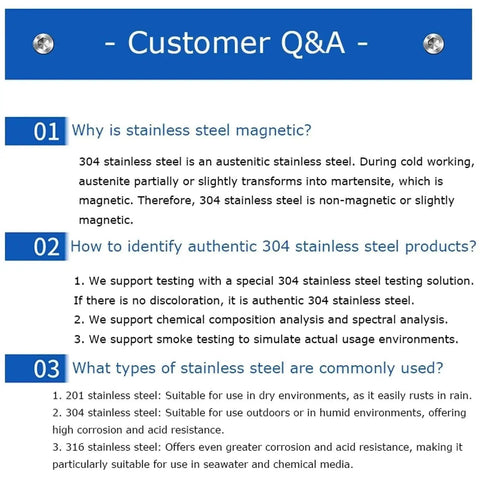 Customer Q&A about 304 stainless steel, covering magnetism, authenticity testing, and common uses, with numbered responses in blue and white.