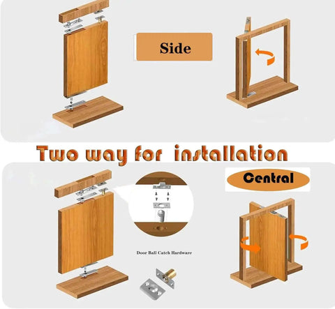 Diagram showing two-way installation of hidden door pivot hinges for Murphy doors and bookcase hidden doors, with ball catch hardware.
