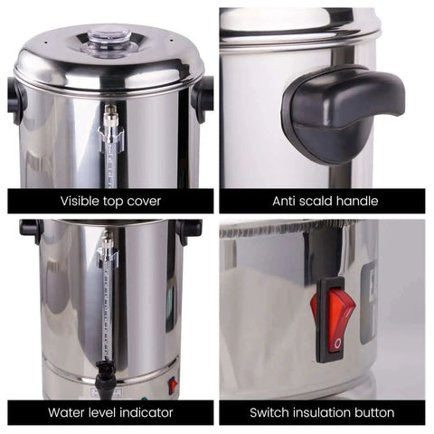 65-Cup Commercial Coffee Urn With 10.5 Qt Capacity, 1250W Stainless Steel Percolator showing top cover, handle, water level, switch