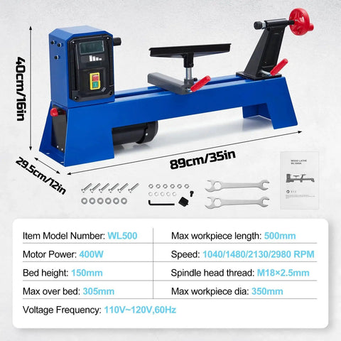 Front view of Beefy 14 Inch By 20 Inch Benchtop Wood Lathe With 400W Motor And Four Speed Settings 1040 1480 2130 2980 RPM