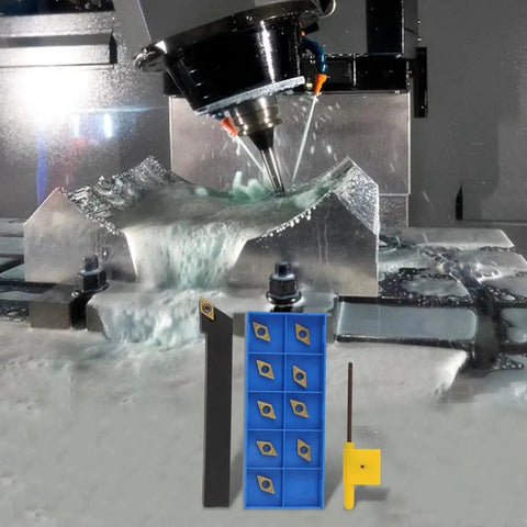 External Lathe Tool Holder For CNC Turning With 10 DCMT070204 Carbide Inserts, Alloy Steel Right Hand Bar, complete set shown