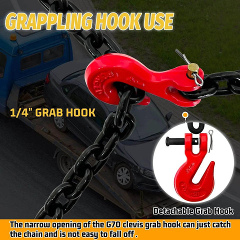 One Quarter Inch Log Chain with G70 Clevis Grab Hook shown in towing application on truck and trailer