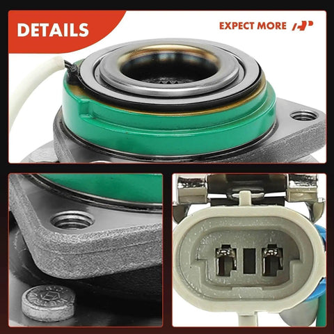 Close-up of pair of front wheel hub bearing assemblies, sealed hub with ABS sensor, replacement for Chevy Impala and others, 5-lug