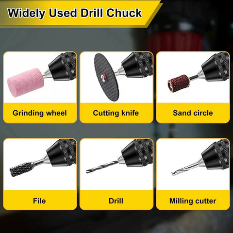 Two-piece keyless drill chuck adapters with 1/4-inch hex shank, black metal construction.
