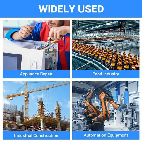 Collage showing uses of 10 Pack Stainless Steel Thread Repair Inserts in appliance repair, food industry, construction, automation equipment.