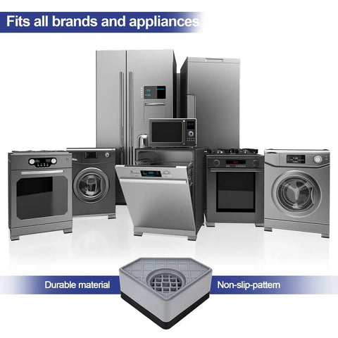 Four gray anti-vibration pads for washing machines with black bases to reduce movement