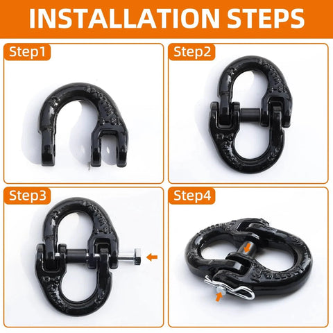 Installation steps for Half Inch Hammerlock Coupling Link With Two RPins Safety Chain Connector for tow hitch in black.