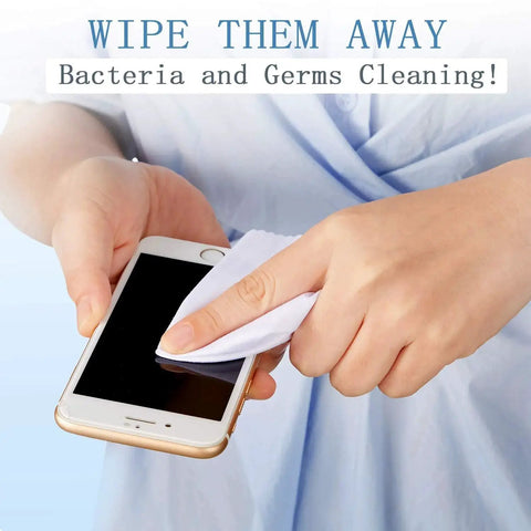 Person cleaning smartphone screen with Microfiber Cleaning Cloths For Glasses And Screens 50 Pack 6x7 Inches