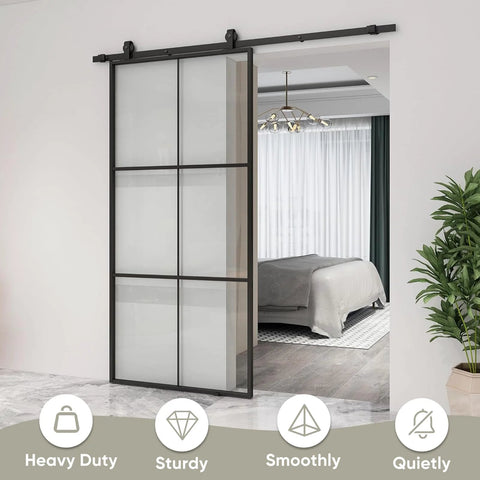 36x84 Inch Glass Sliding Barn Door Kit With 6Ft Hardware Black Aluminum Frame Clear Tempered Glass 3 Panel installed in room