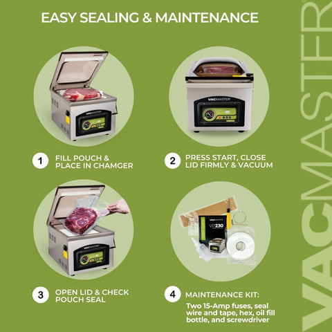 VacMaster VP230 chamber vacuum sealer, stainless steel kitchen appliance, with maintenance kit visible.
