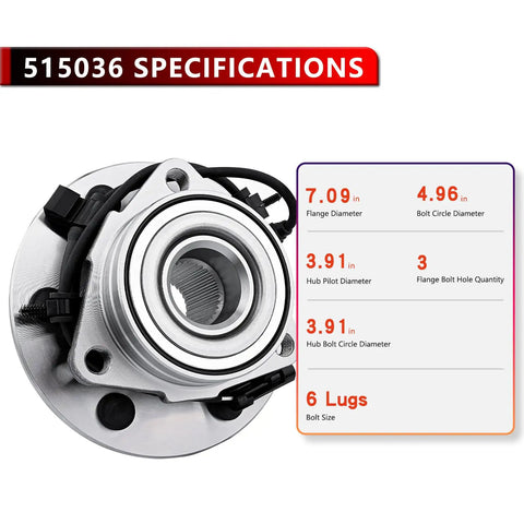 4WD Front Wheel Hub And Bearing Assembly Compatible With Cadillac Escalade EXT, Chevy Avalanche 1500, Express 2500, Silverado 1500, GMC Savana 1500 With ABS, 6 Lug, shown with specifications