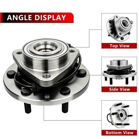 Pair Front Wheel Bearing Hub Assembly For Nissan Pathfinder Armada Titan Infiniti QX56 2004 2005 2006 2007 6 Lugs With ABS Fits Front Wheels Durable Replacement with top, side, and bottom views.