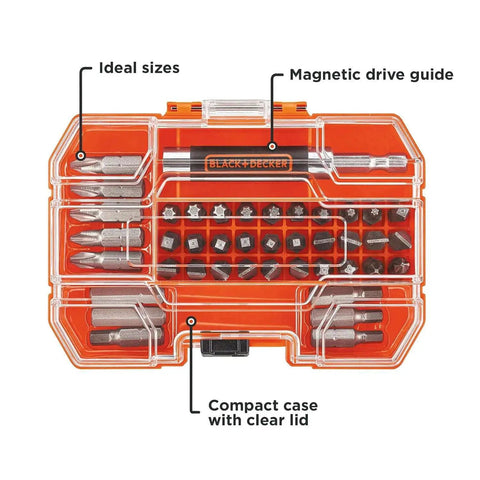 Effortless 42 Piece Screwdriver Bit Set For Home Diy Projects With Magnetic Drive Guide And Clear Case Includes 1 In Bits For Everyday Household Tasks Handy Storage By Black Decker displayed in clear plastic case
