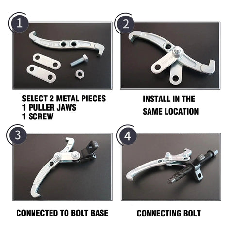 Assembly instructions for Three Jaw Gear Puller Tool Set with reversible jaws for bearing and pulley removal steps.