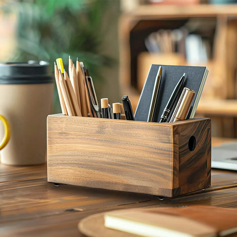 Wooden pencil holder with various office supplies on a desk.