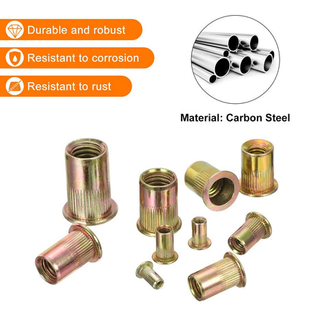 Flat Head Rivet Nut Set Of Fifty Carbon Steel Threaded Inserts With Knurled Body And Zinc Plated Finish Ten Thirty Two Thread Size