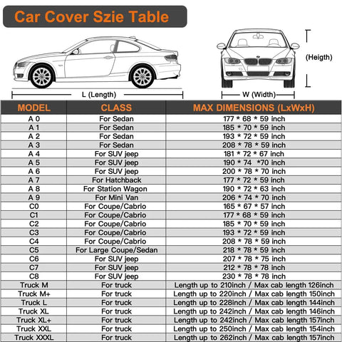 Car cover size table listing dimensions for various vehicles, including SUVs, sedans, and trucks with diagrams.