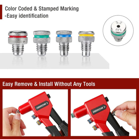 Pro Grade Hand Riveter Kit With Four Interchangeable Heads shown with color-coded rivet heads and tool in use for easy installation.