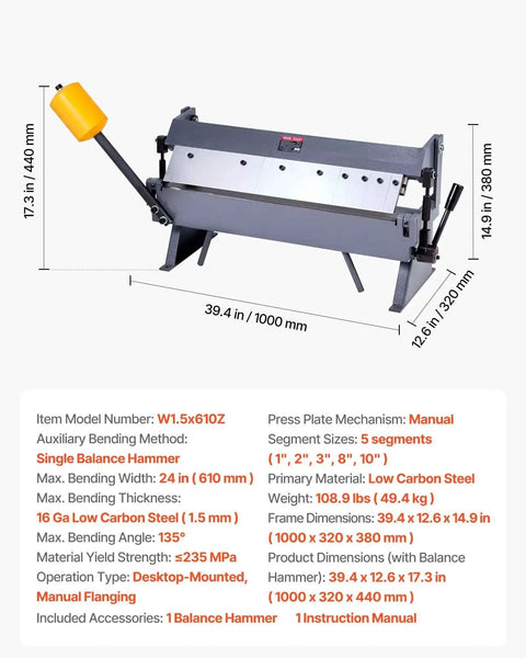 Box and Pan Brake 24 Inch Sheet Metal Bender with specifications, shown in side view with dimensions and features highlighted.