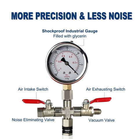Gauge and valve setup for 1 Gallon Flat Vacuum Chamber Kit For Resin Degassing And Epoxy Projects, showing air intake and exhaust.